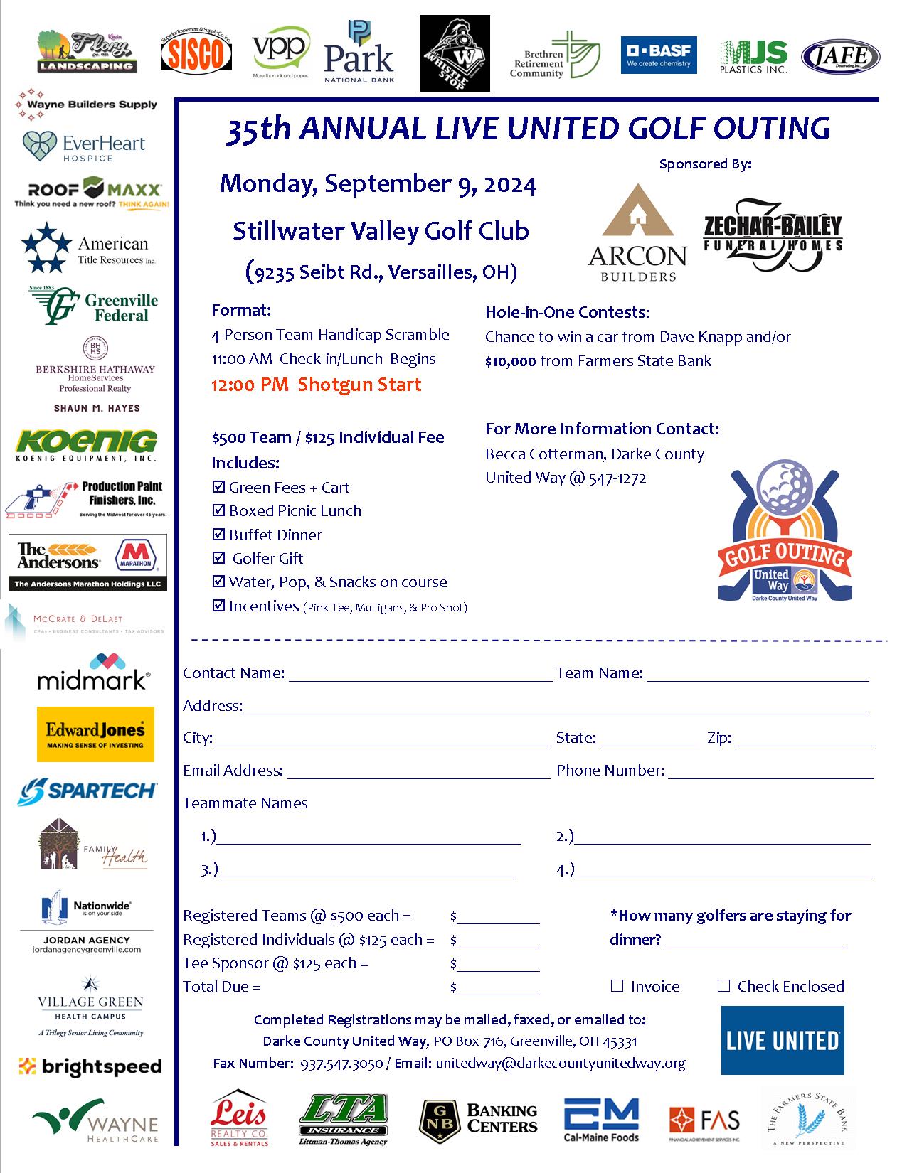 Save the date for our 35th Annual Live United Golf Outing on Monday, September 9th at Stillwater Valley Golf Course in Versailles, Ohio.